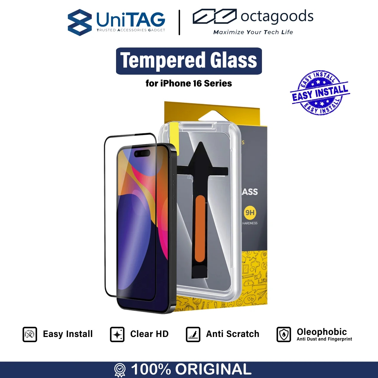 Tempered Glass With Tray iPhone 16 Series Pro Max Plus Octagoods Full Cover 9H Anti Gores Clear