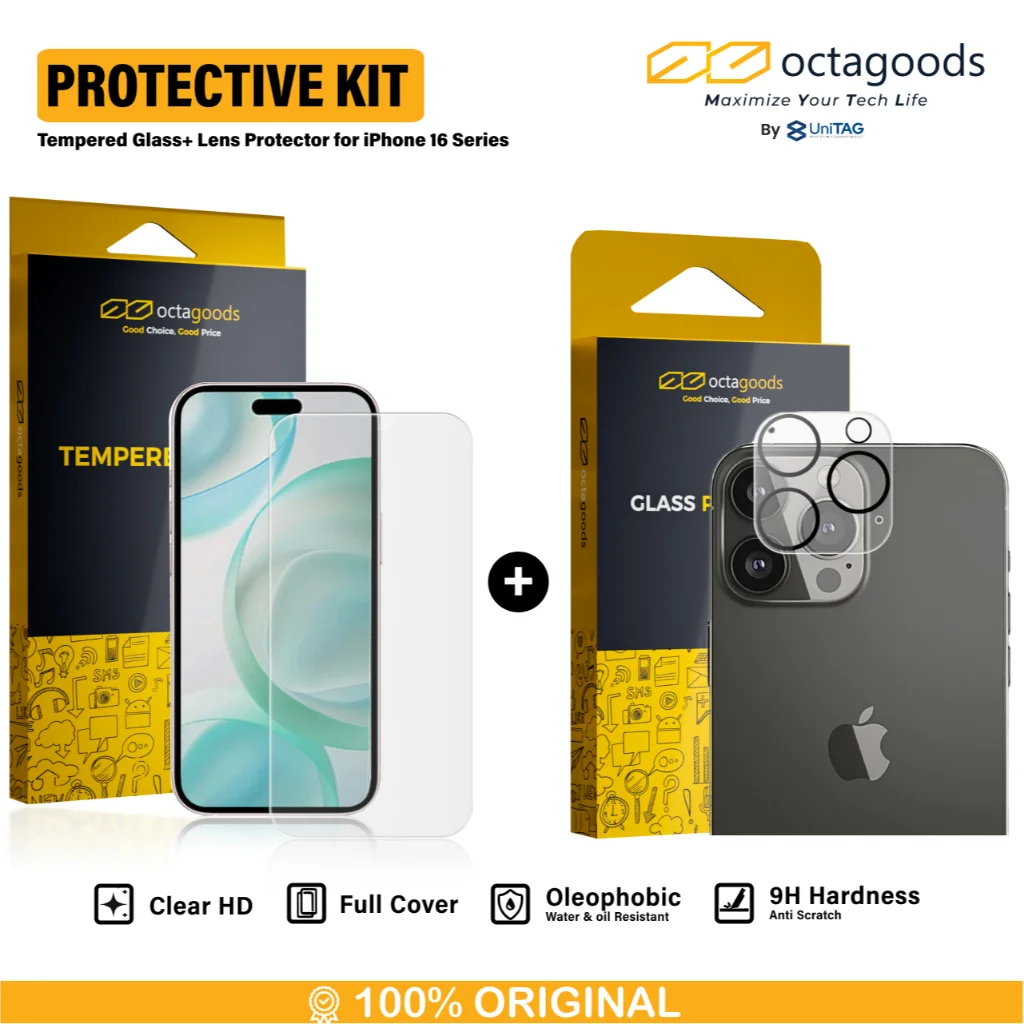 Octagoods iPhone 16 / 16 Plus Camera Lens Full Cover - Clear PG7106 + Octagoods iPhone 16 Tempered Glass - Clear PG7415