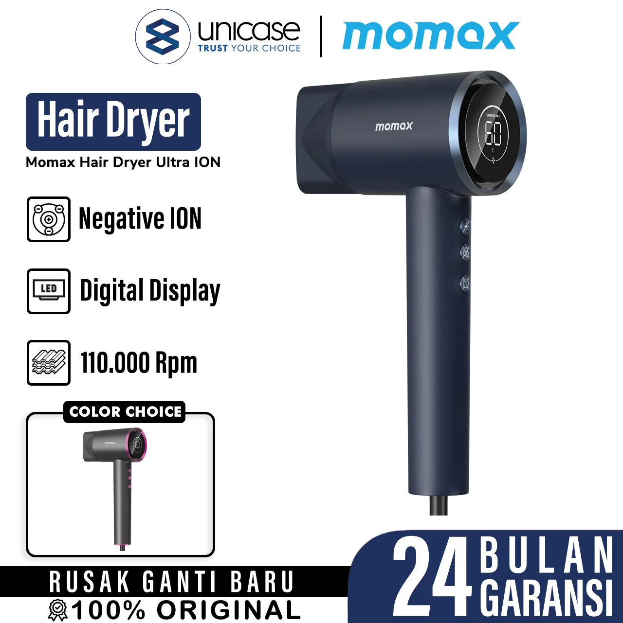 Pengering Rambut Momax Ultra Hair Dryer ION Magnetic 1600W Hot Wind