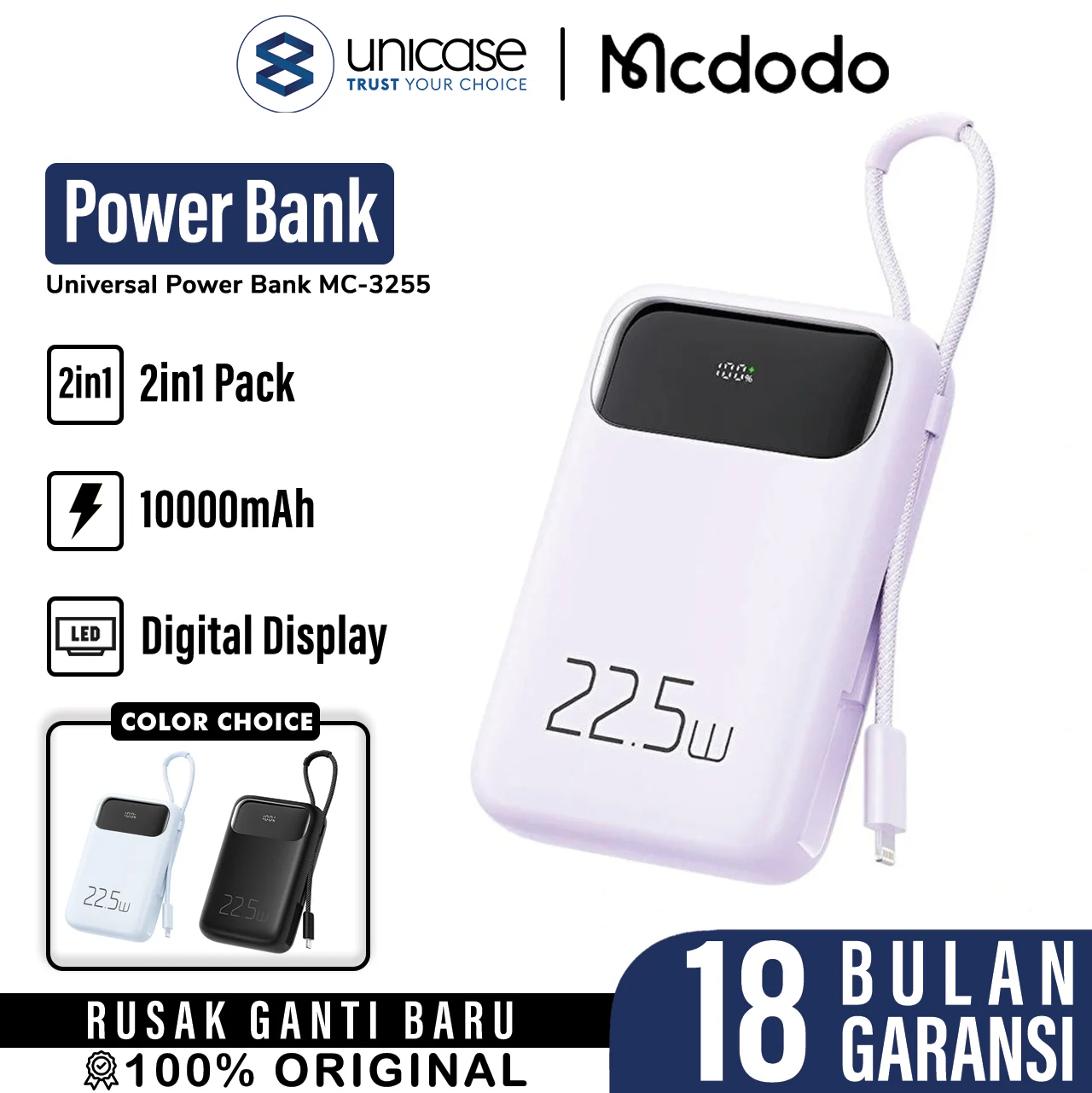 Powerbank Cable Lightning 22.5W MCDODO 10000mAh PD QC Fast Charging