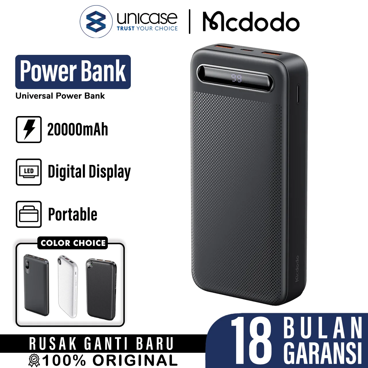 Powerbank MCDODO 20000mAh/10000mAh 22.5W PD QC 3.0 Fast Charge USB A/C