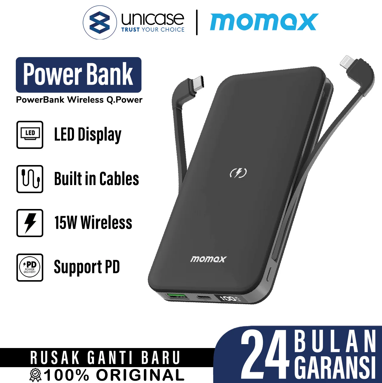Powerbank Wireless 15W Momax 10000mAh USB Type C Lightning MFi Cable
