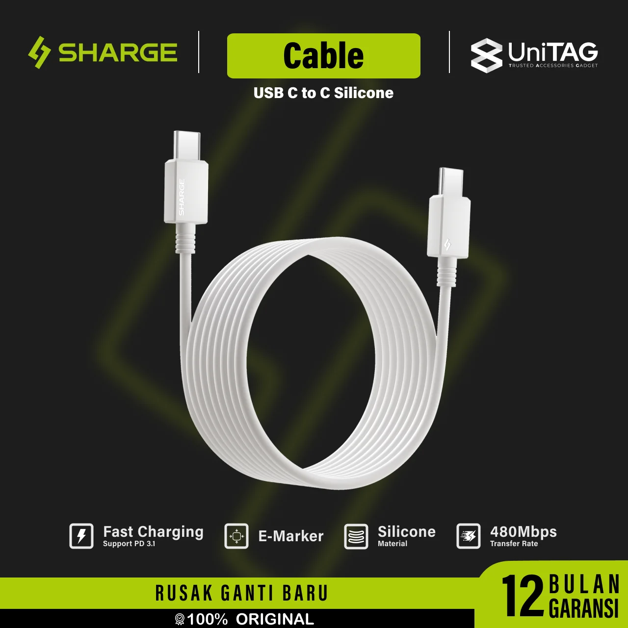 Sharge Kabel Charger USB C to C TPE 240W 3m - White CDX-SJ-3.0M240W-KW-BAI (Online Eksklusif)