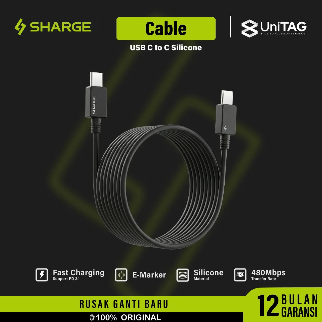 Sharge Kabel Charger USB C to C TPE 240W 3m - Black CDX-SJ-3.0M240W-KW-HEI (Online Eksklusif)