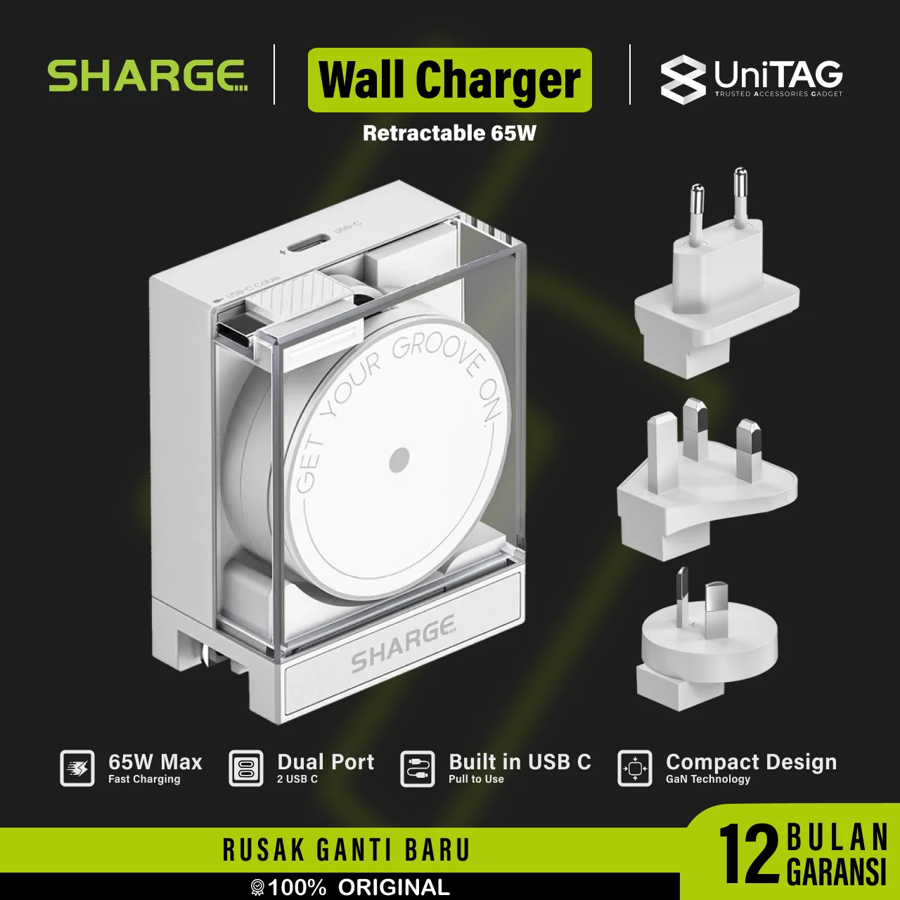 SHARGE Retractable 65 Cable Charge Dual Port USB-C 65W for iPhone Samsung
