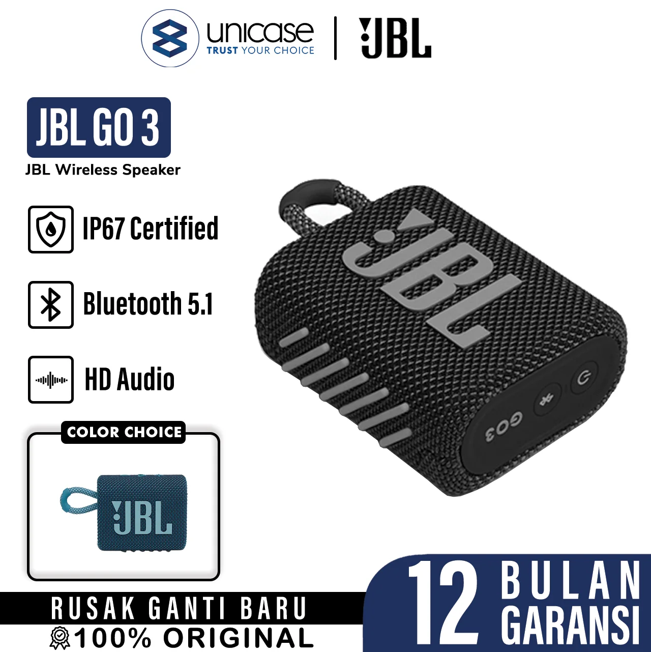 Speaker Wireless/Bluetooth Waterproof JBL GO 3 Mini Portable HD Audio
