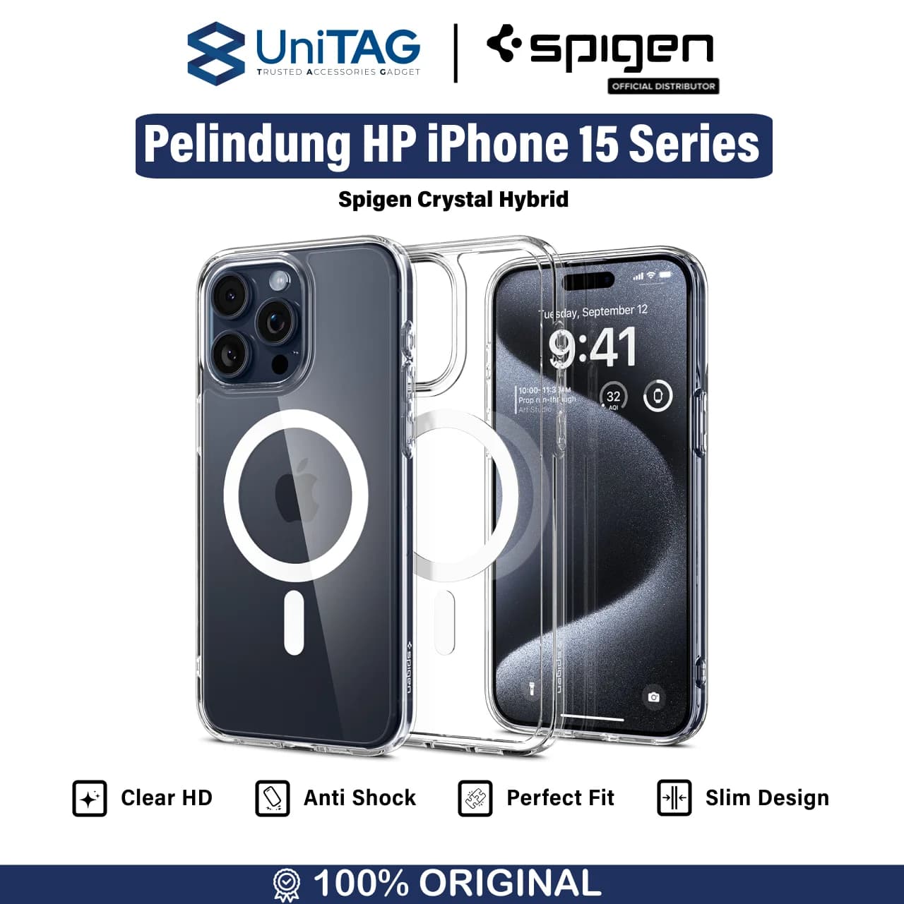 Case iPhone 15 Pro Max Plus Spigen Crystal Hybrid MagSafe Clear Casing