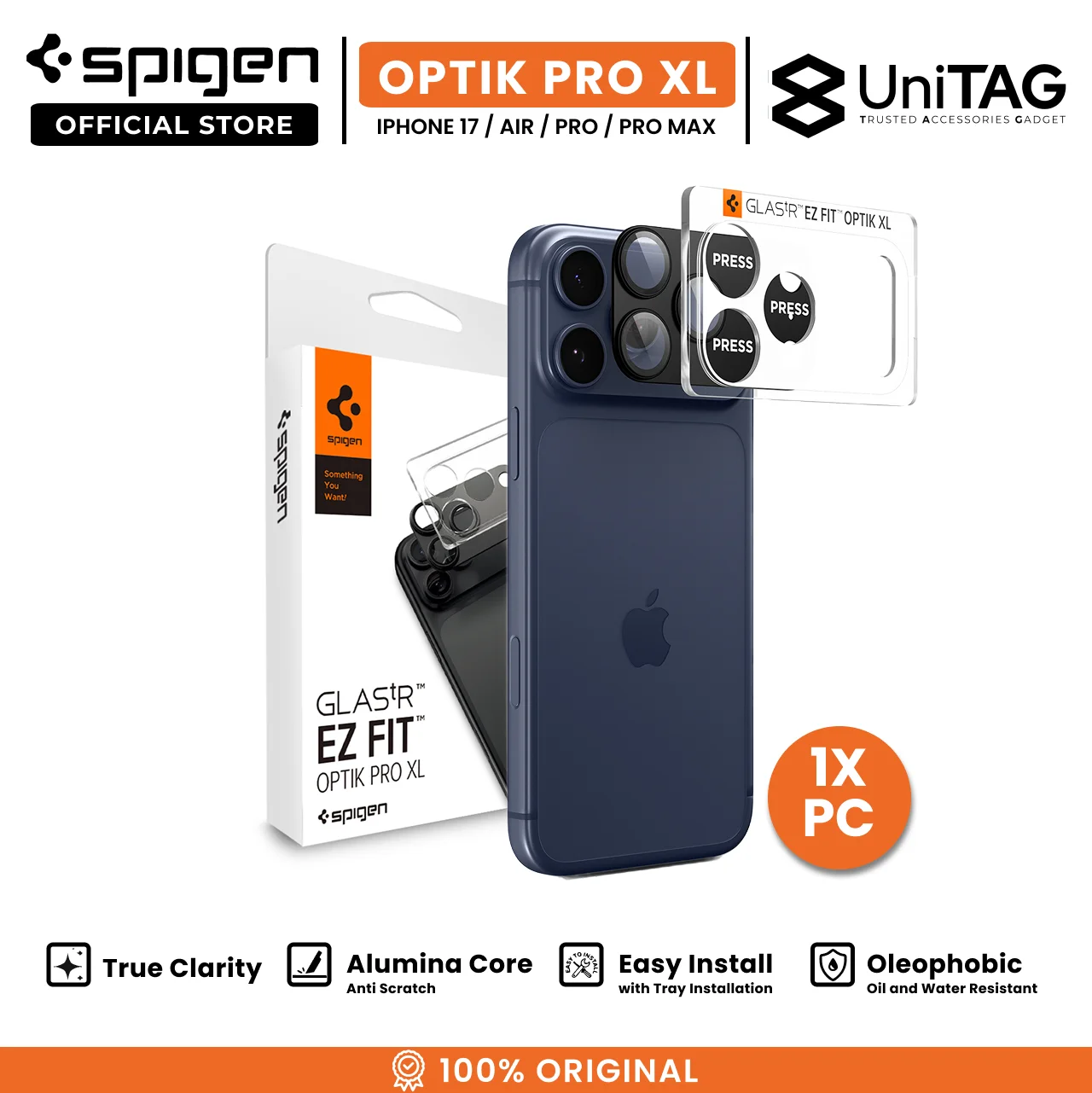 Spigen iPhone 17 Pro Camera Lens Protector with Tray 1 Pack GlastR EZ Fit Optik Pro XL - Blue AGL10646-1