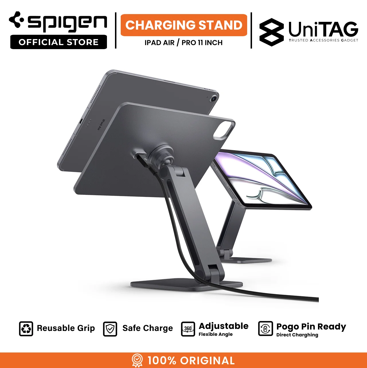 Spigen Magnetic Wireless Charger Stand for iPad Pro 11" (2024) Pogo Pin Charger 18W LD207W2 - Space Gray AMP09838-1