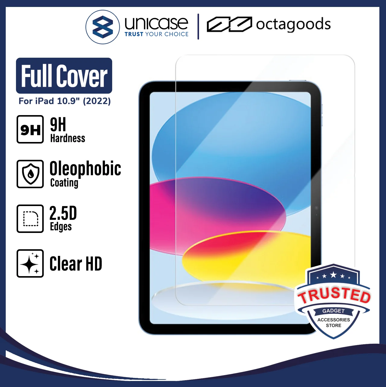 Tempered Glass iPad 10 Gen 10.9 2022 Octagoods Full Cover 9H Clear HD