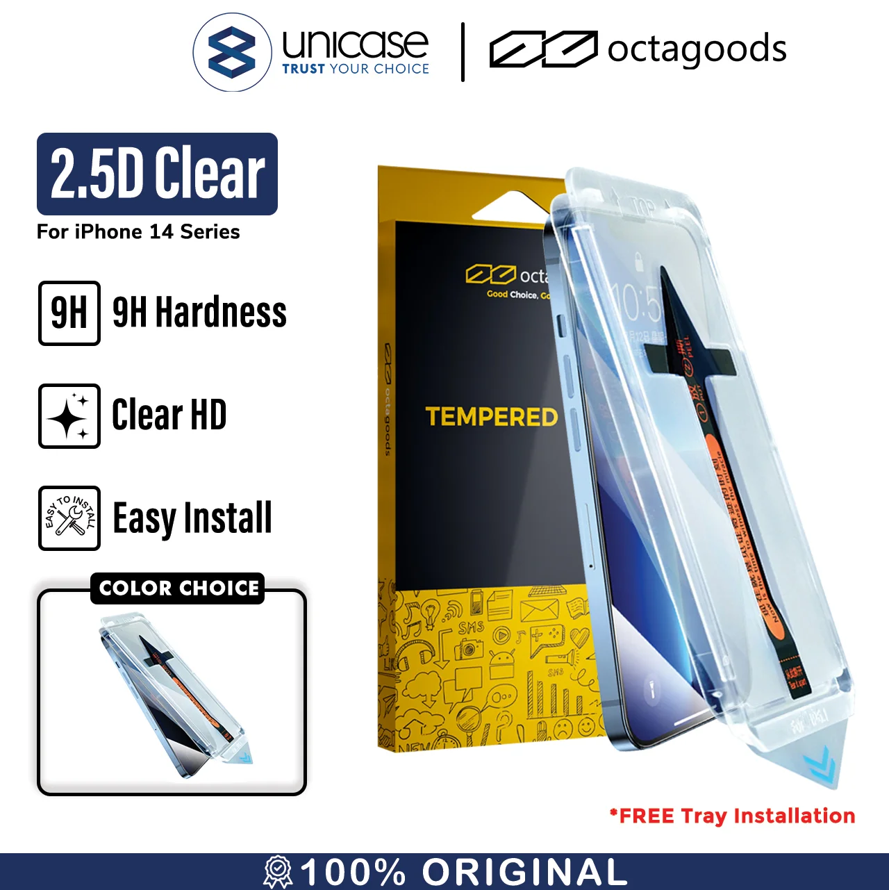 Tempered Glass iPhone 14/13 Pro Max Plus Octagoods FC Clear 2.5D Tray