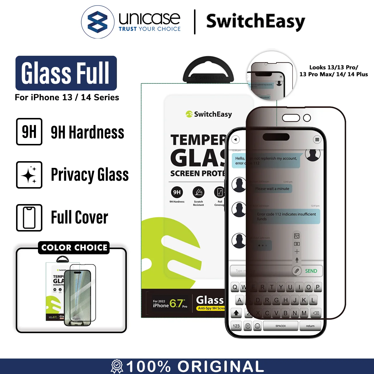 Tempered Glass iPhone 14/13 Pro Max Plus SwitchEasy Full Cover Clear Anti Spy