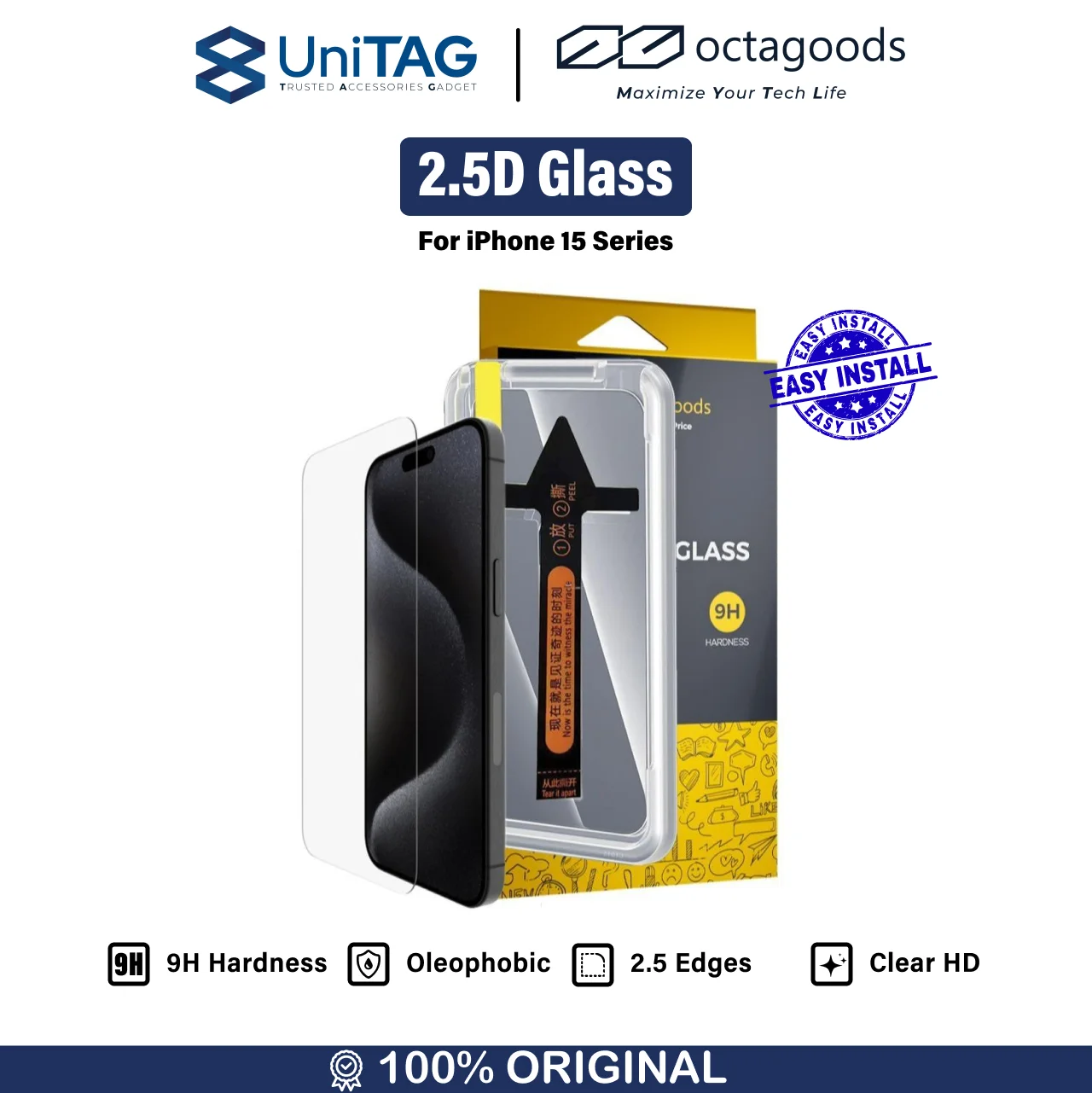 Tempered Glass iPhone 15 Pro Max Plus Octagoods Clear 2.5D Tray Cover