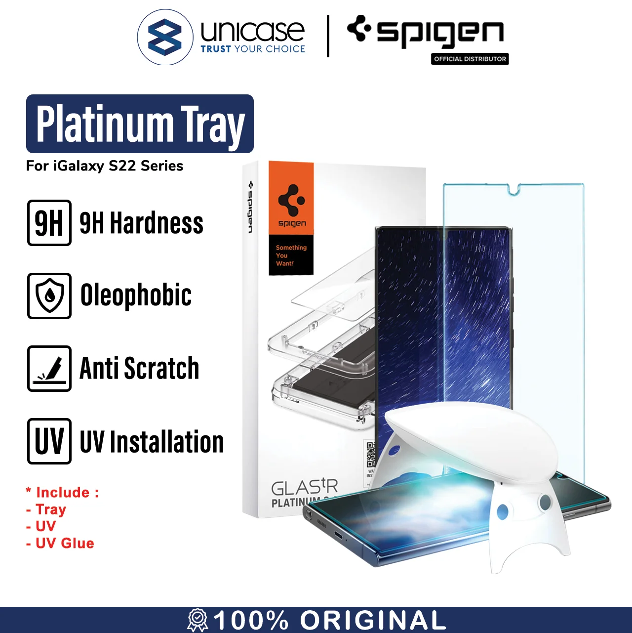 Tempered Glass UV Samsung Galaxy S22 Ultra Plus Spigen Platinum Tray
