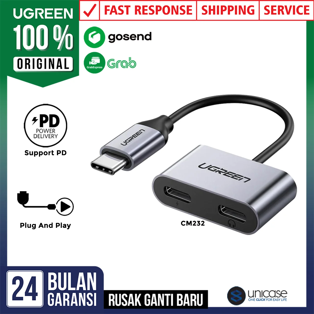 UGREEN Adapter Converter USB C to USB Type C + USB Type C Audio - Gray Aluminium CM232 60165