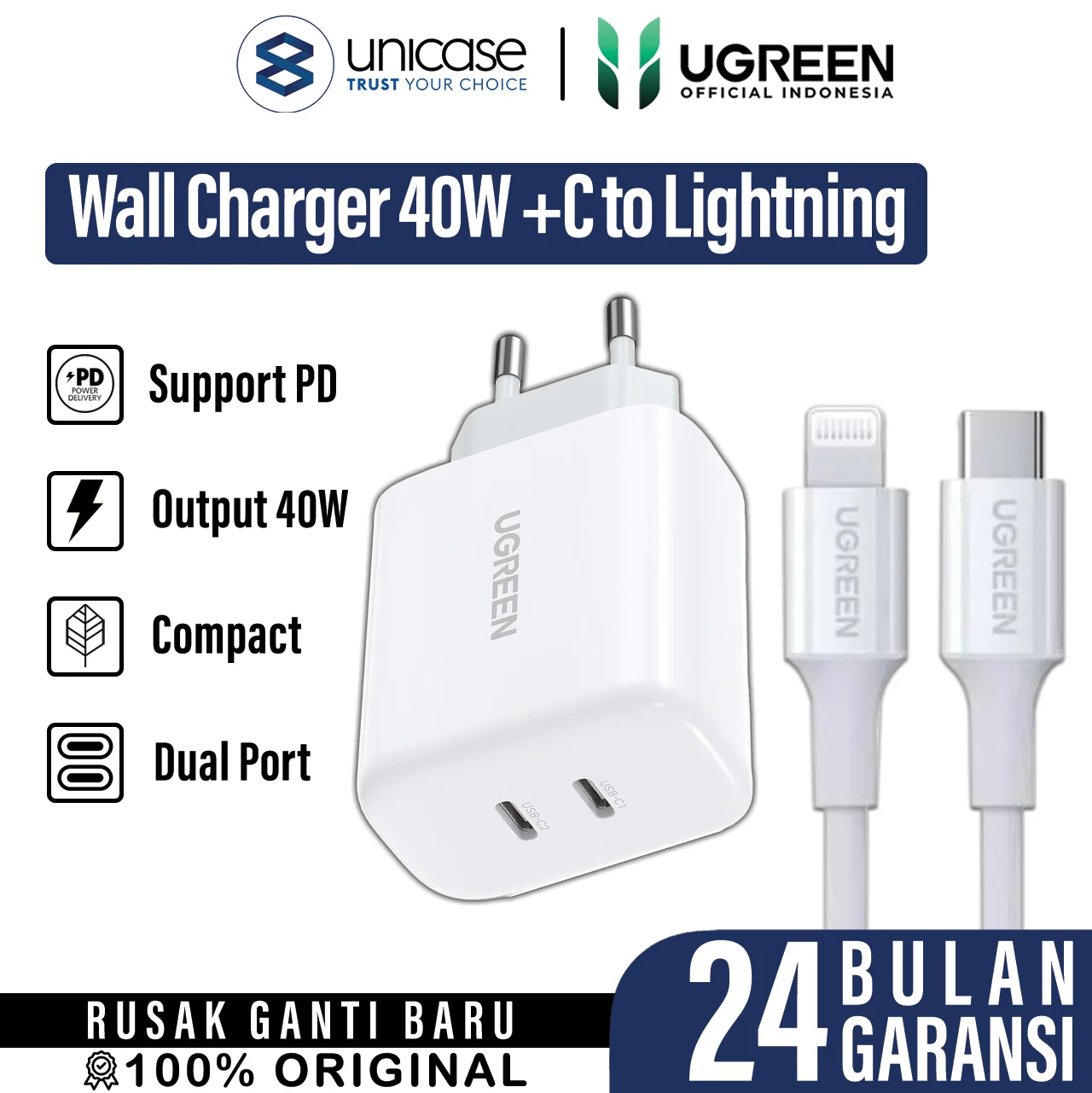 UGREEN CD243 White + Cable C to Lightning 1.5m US171