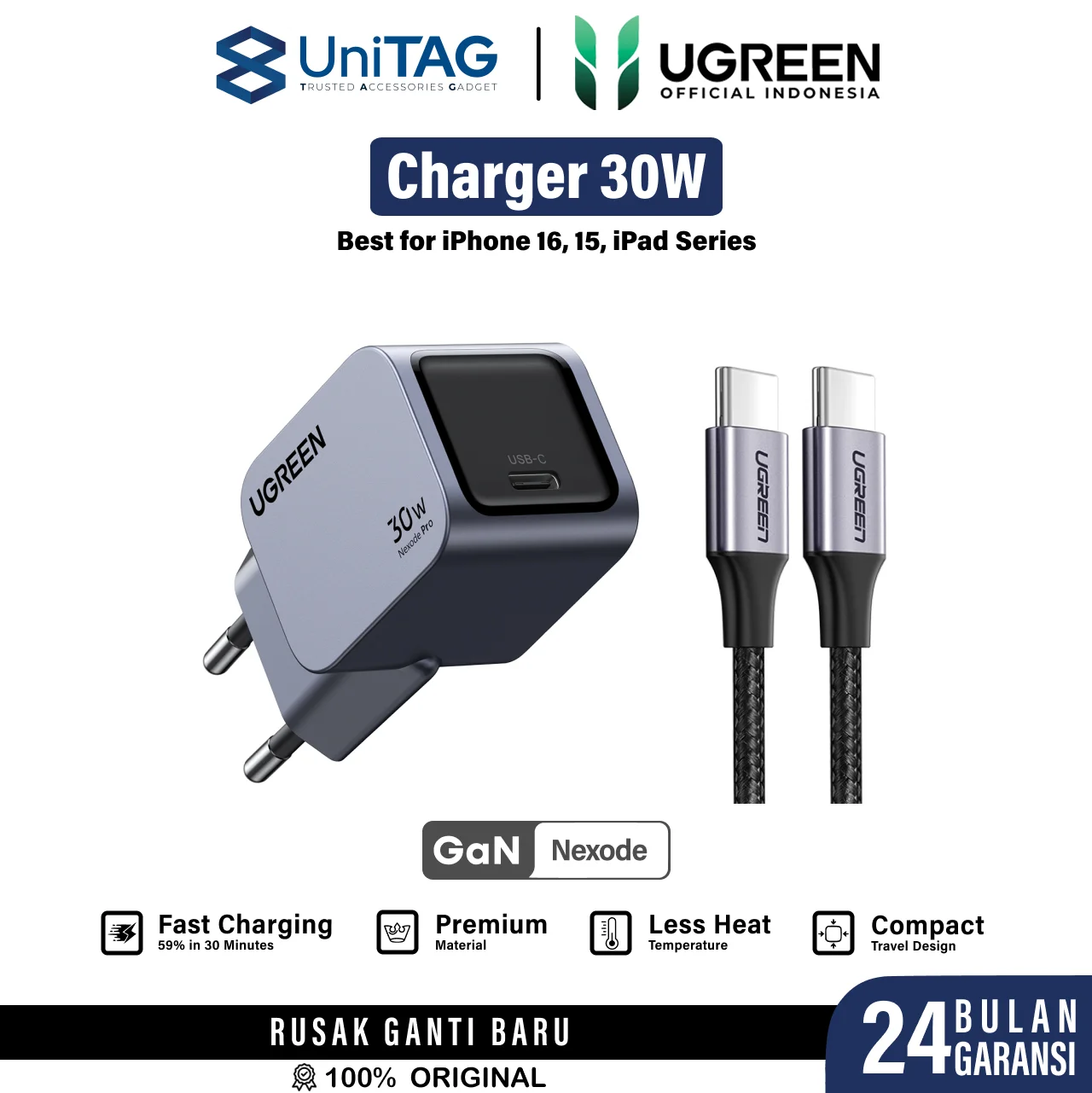 UGREEN Charger 30W Nexode Pro - Gray X703 35006 + C to Lightning Cable - Braided - 1m - Black US304