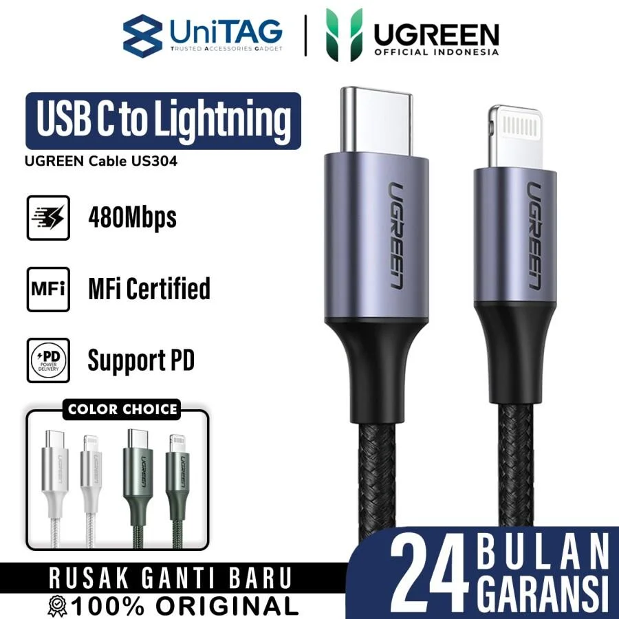 UGREEN Kabel Charger Lightning - USB C 3A 60W Braided 1.5m - Black US304 60760
