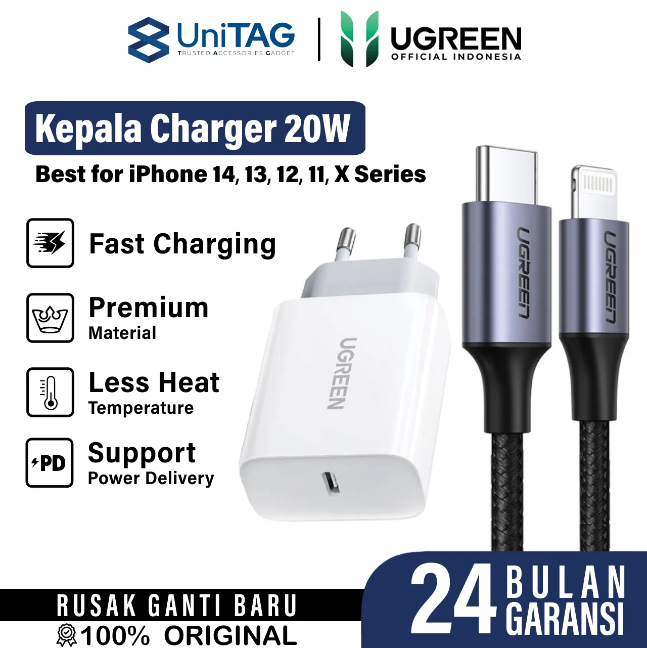 UGREEN Wall Charger 20W 1C - White CD137+Lightning - USB C 3A 60W Braided 1m - Black US304