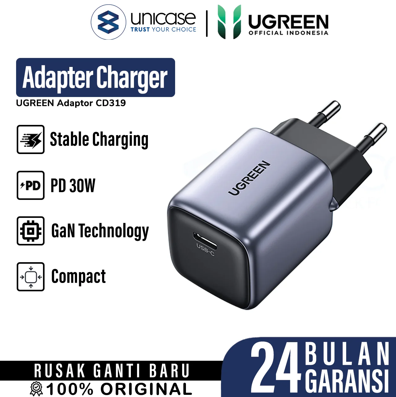 UGREEN Wall Charger 30W - USB-C GaN - Fast Charger EU - Space Gray CD319 90666-1