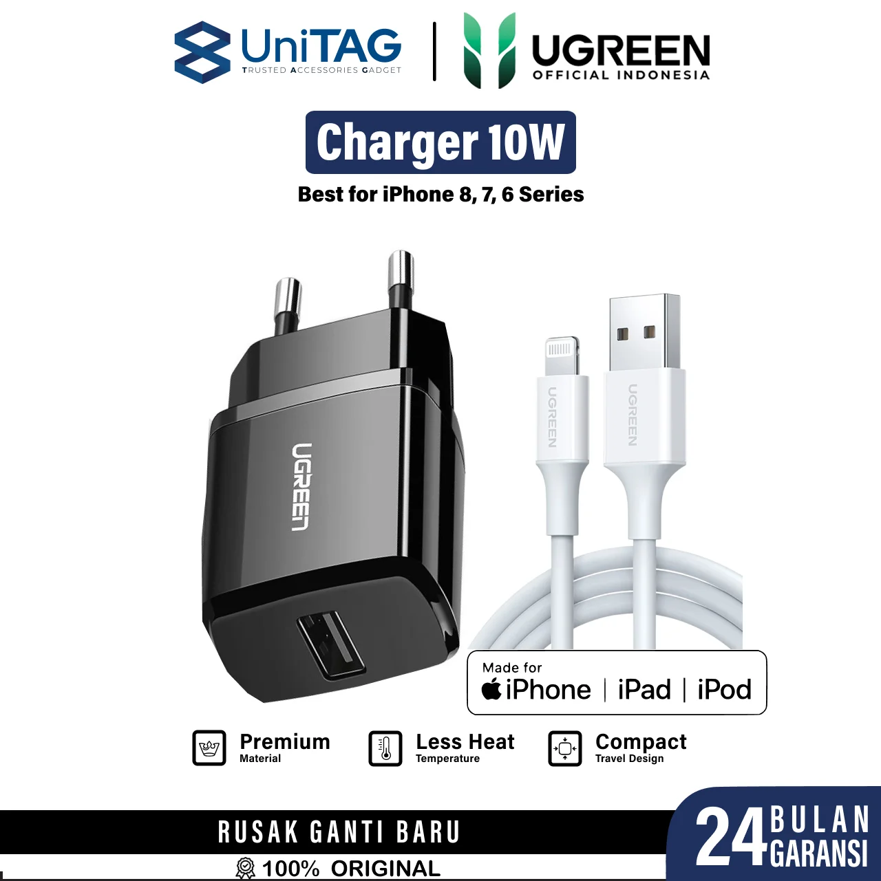UGREEN Wall Charger USB A 10W - Black ED011+A to l Rubber - 1m - Black US155 80822