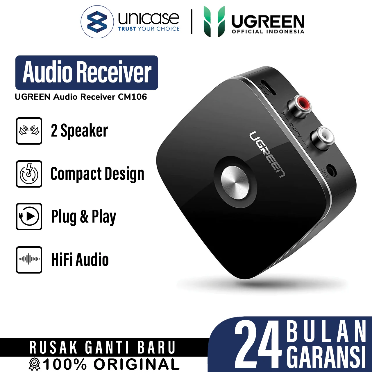 UGREEN Wireless Bluetooth 5.1 Audio Receiver with 3.5mm and 2RCA Adapter - apt-X CM106 40759-1