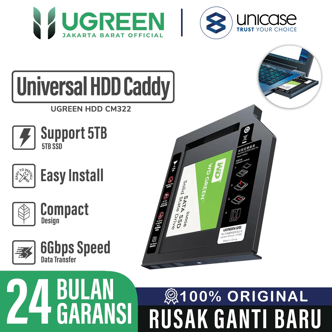 Universal HDD Caddy 9.5mm UGREEN SATA Hard Disk Driver SSD 2.5 inch