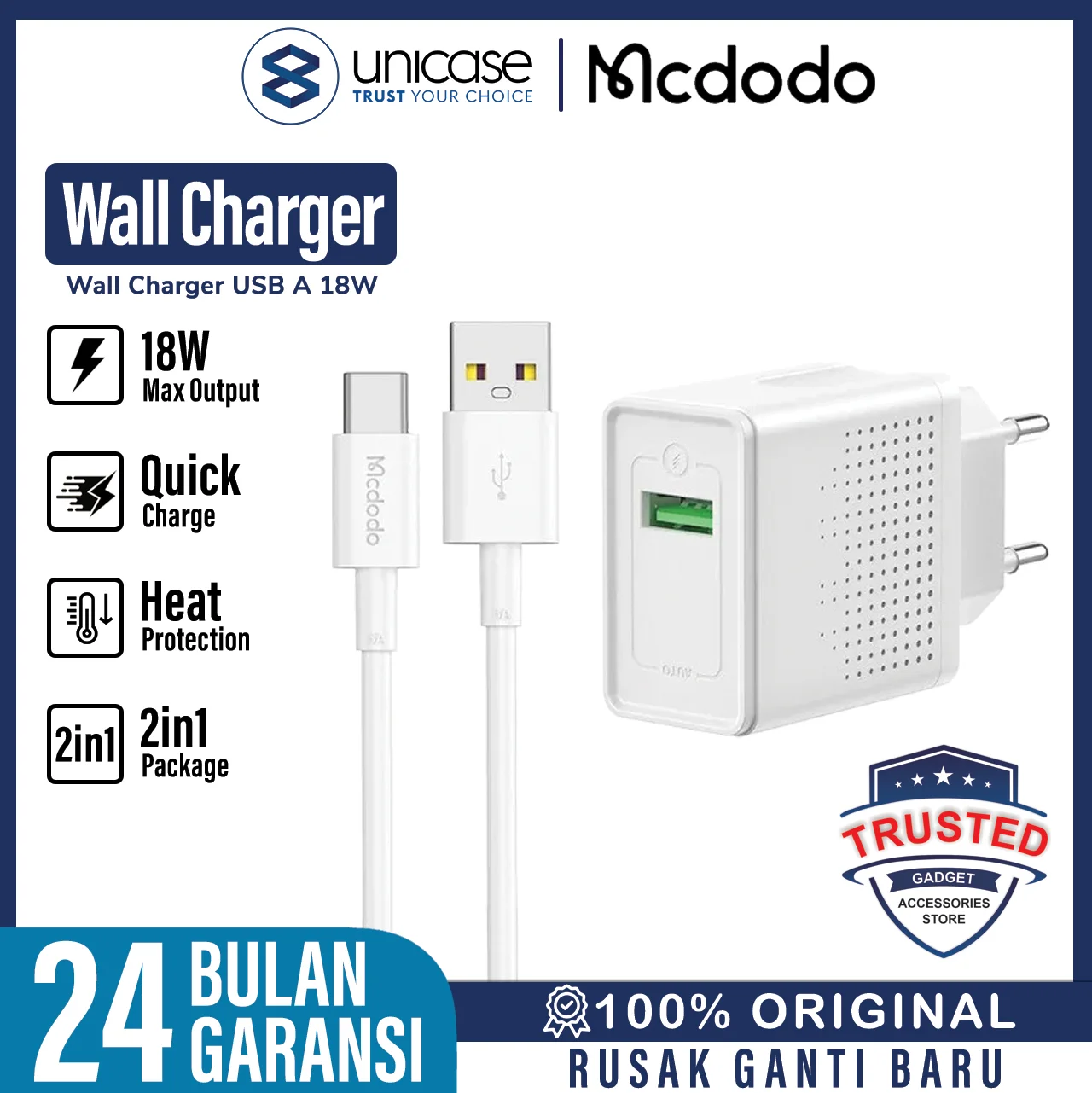 Wall Charger Adaptor Power MCDODO 18W Quick Type C Cable Fast Charging