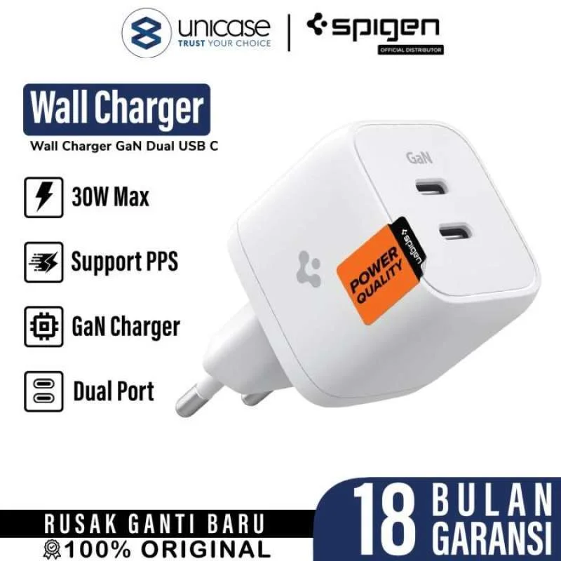 Wall Charger Adaptor Spigen 30W USB C Dual Port PD QC Fast Charging