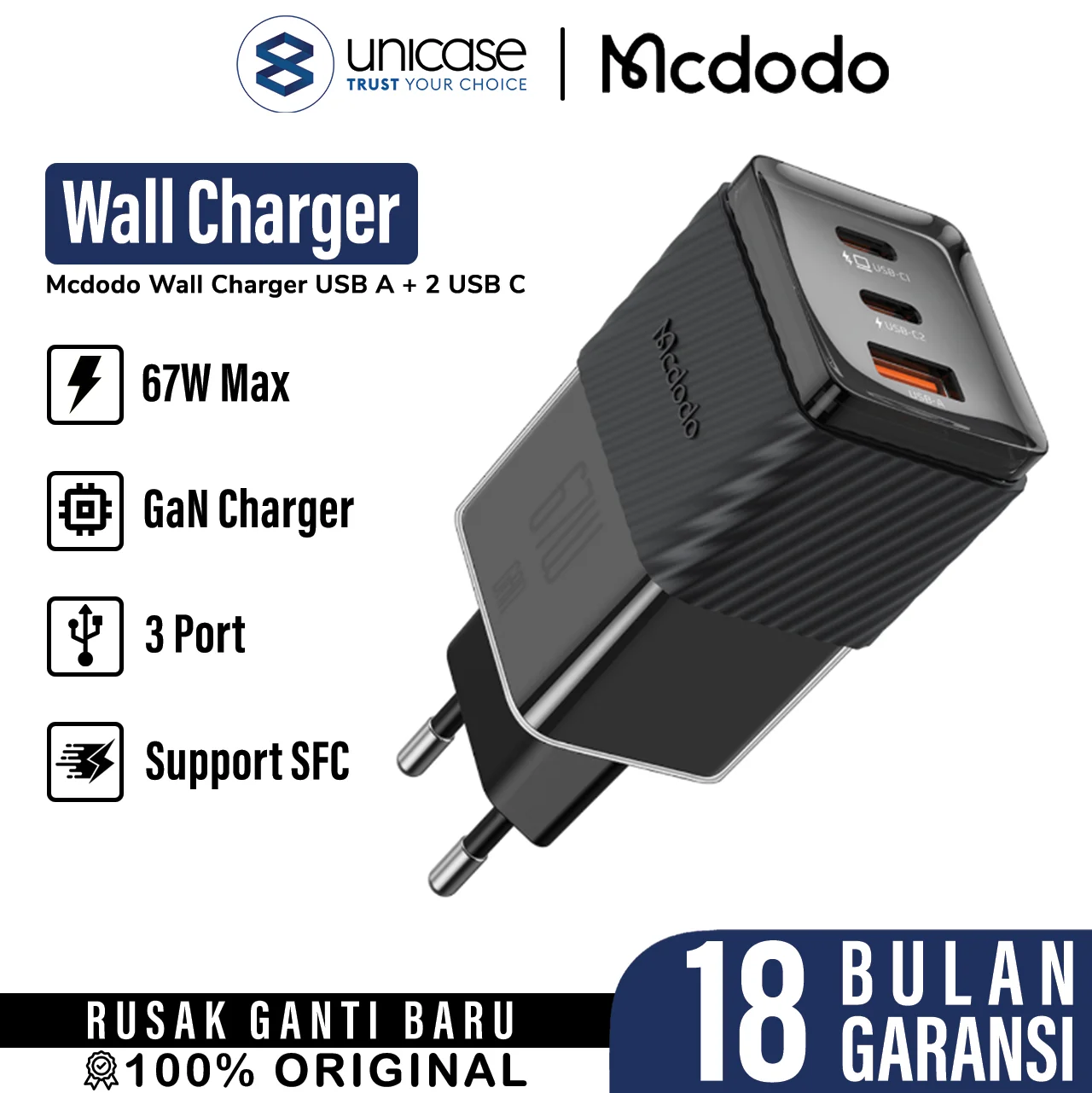 Wall Charger Adaptor USB A/C MCDODO 67W GaN PD Triple Port Charging