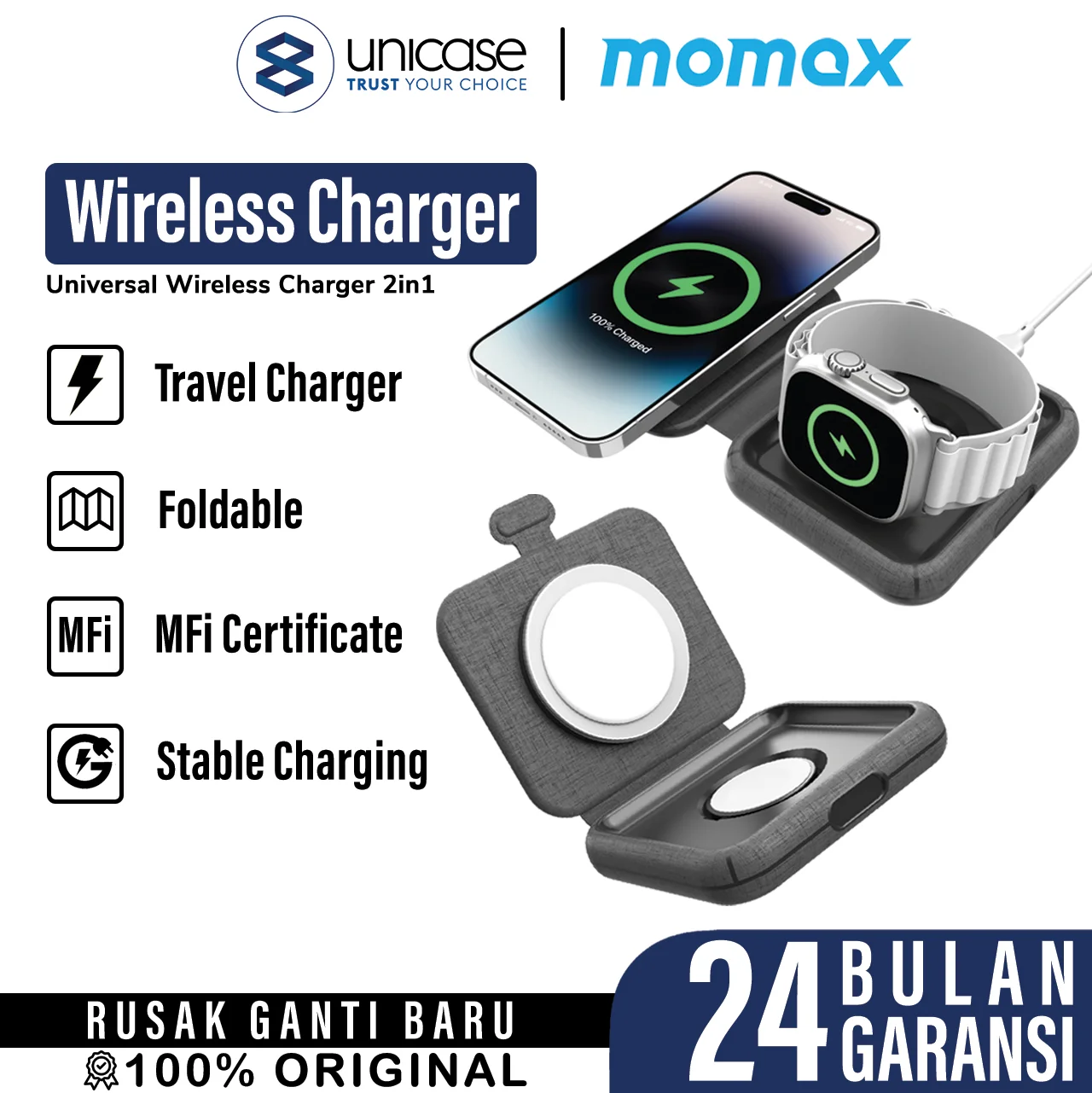 Wireless Charger Momax Q.Mag Go 20W MagSafe MFi 2 in 1 Fast Charging